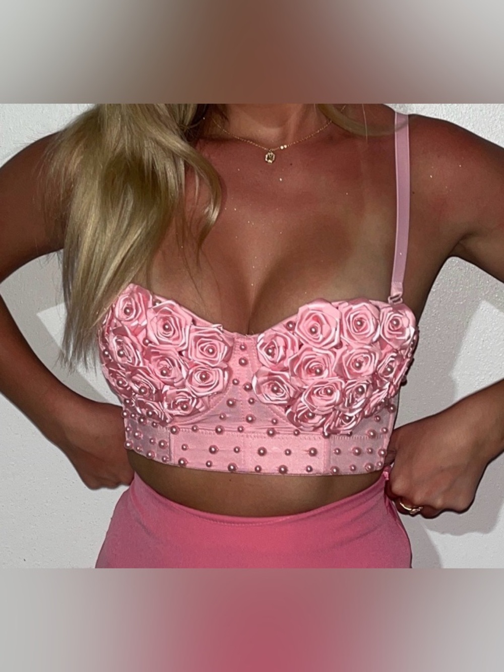 Pink Floral Appliqué Pearl Bustier Crop Top